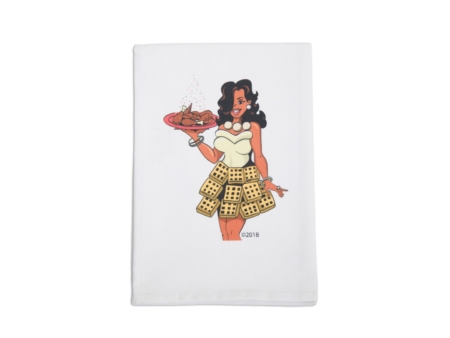 Waffle Queen Kitchen Towel/holding platter of Fried Chicken