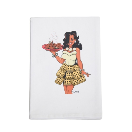 Waffle Queen Kitchen Towel/holding platter of Fried Chicken