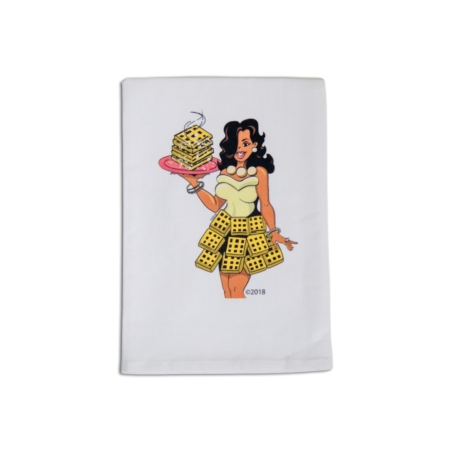 Waffle Queen Kitchen Towel/holding platter of Waffles