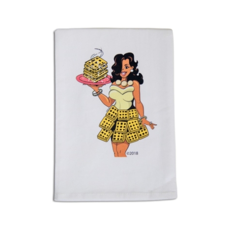 Waffle Queen Kitchen Towel/holding platter of Waffles
