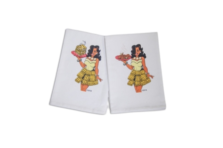Waffle Queen Kitchen SET of Towels (Waffle Queen holding platter of Chicken and Waffles)